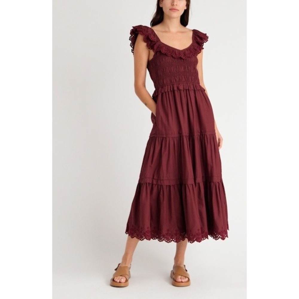 NWT Madewell Lucie Embroidered Eyelet Boho Tiered Smocked Flutter Maxi Dress 00‎